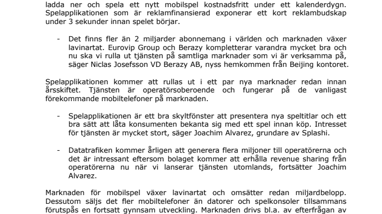 Eurovip Groups dotterbolag Splashi exporterar svensk mobil marknadsföringstjänst till 81 länder