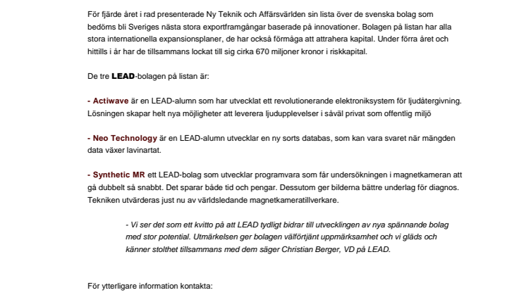 Tre LEAD-bolag rankas som Sveriges hetaste teknikföretag