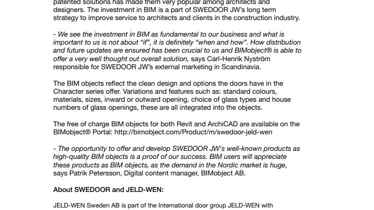 SWEDOOR JW’s exterior doors as BIM objects