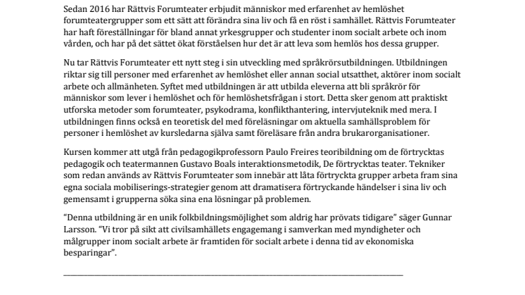 Rättvis Forumteater startar gemensam utbildning för socialarbetare och hemlösa  