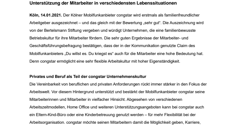 congstar als familienfreundlicher Arbeitgeber ausgezeichnet 