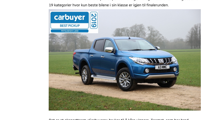 Mitsubishi L200 kåret til beste pick-up i CARBUYER AWARDS for tredje året på rad