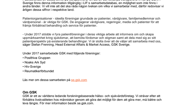 GSKs bidrag till patient- och intresseorganisationer under 2017