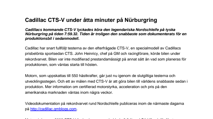 Cadillac CTS-V under åtta minuter på Nürburgring