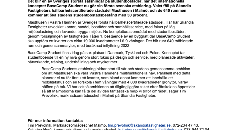 Jättesatsning på studentbostäder i Malmö när  innovativa BaseCamp gör Sverigepremiär i Masthusen
