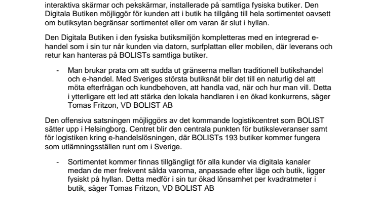 BOLIST stärker kedjan genom digitalisering och e-handel
