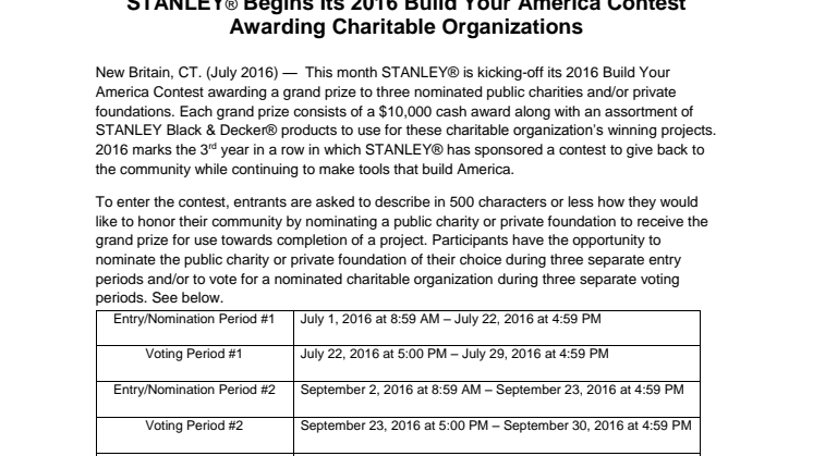 STANLEY® Begins Its 2016 Build Your America Contest Awarding Charitable Organizations