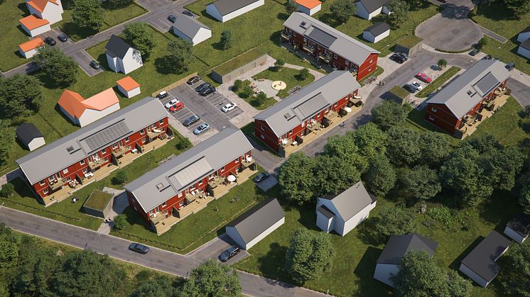 Översiktsillustration av det nya kvarteret BoKlok Mellstagården, Borlänge. 