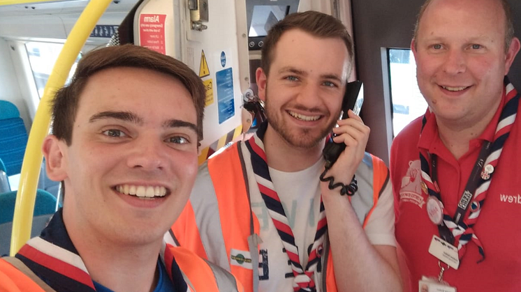 Jake Orros, Matthew Longden and Andrew Bolton on board a Southern train at Selhurst