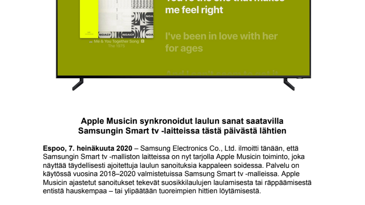 Apple Musicin synkronoidut laulun sanat saatavilla  Samsungin Smart tv -laitteissa tästä päivästä lähtien