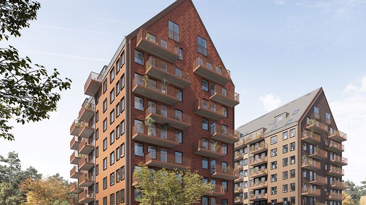 Wallenstam har placerat husen efter vädersträck för att bland annat skapa rätt ljus- och värmeinsläpp och därmed minimera energiåtgången. ﻿Visionsbild: Liljewall arkitekter