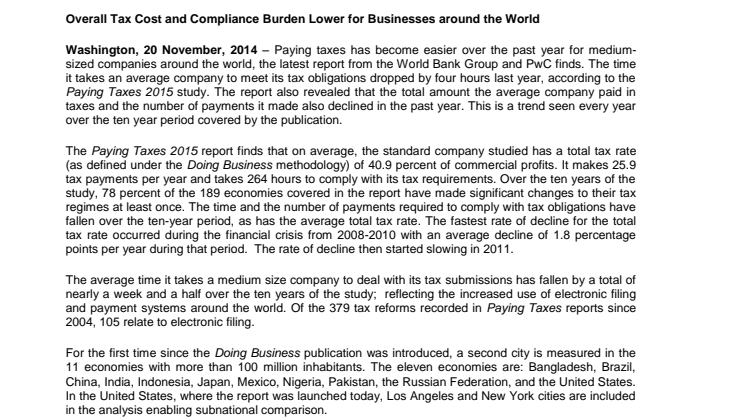 Overall Tax Cost and Compliance Burden Lower for Businesses around the World