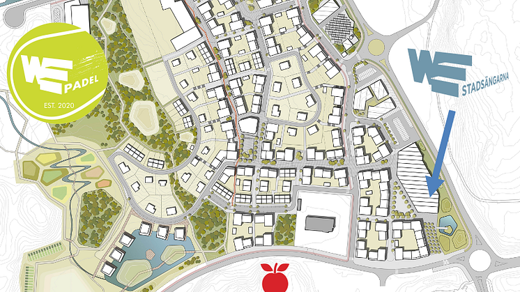 Kartan visar var padelhallen kommer att ligga i förhållande till stadsdelen och det kommande gymmet WE Stadsängarna