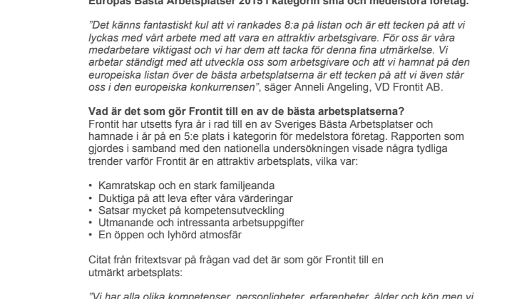 Frontit utsett till en av Europas Bästa Arbetsplatser 2015