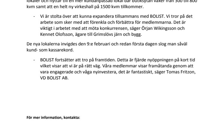 BOLIST EXPANDERAR I GRIMSLÖV