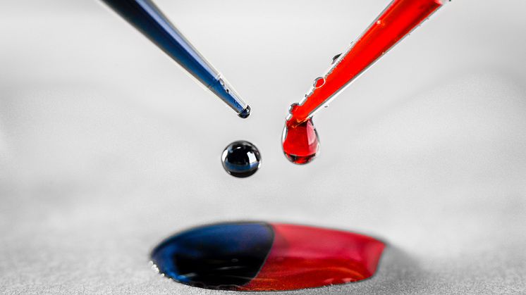 Den blå lösningen är den polymer som donerar elektroner medan den röda är det material som tar upp elektroner. Foto Thor Balkhed.