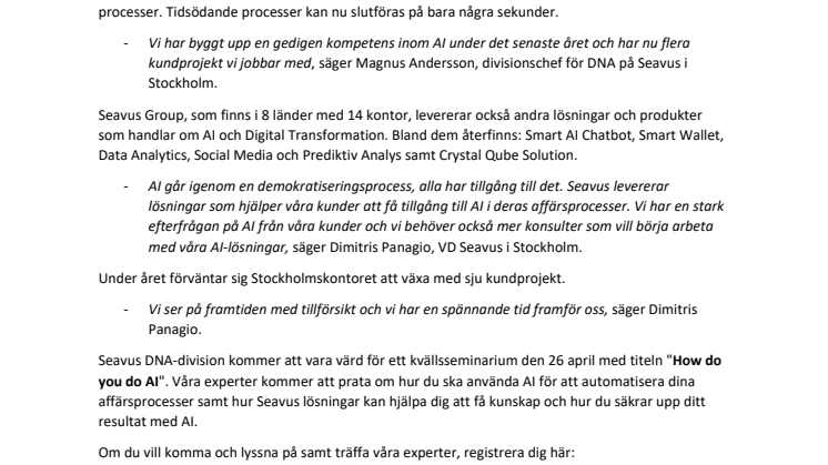Seavus fortsätter satsa på Artificiell intelligens i Stockholm