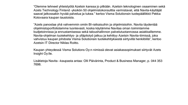 Visma Navita -pilvipalvelu Azetsille