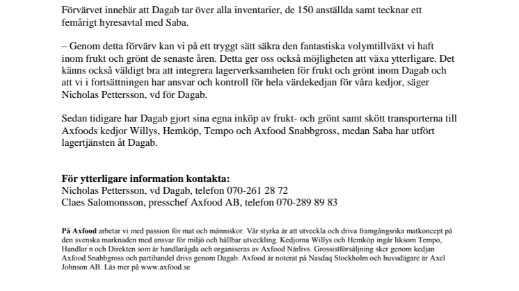Dagab förvärvar Sabas lagerverksamhet i Helsingborg