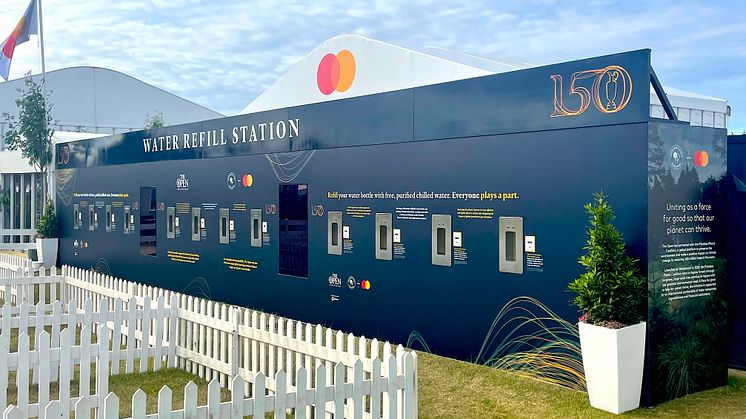 The world's largest water station launched by Bluewater at the 150th OPEN IN St Andrews, Scotland, able to fill over 12,000 500ml refillable bottles every day.