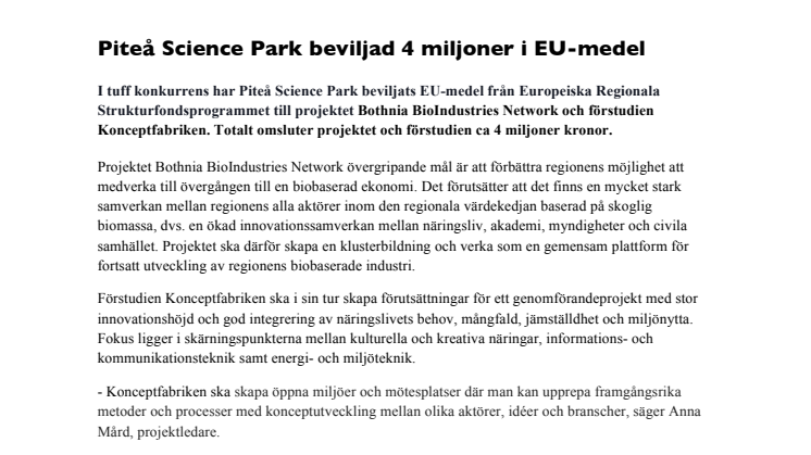 Piteå Science Park beviljad 4 miljoner i EU-medel