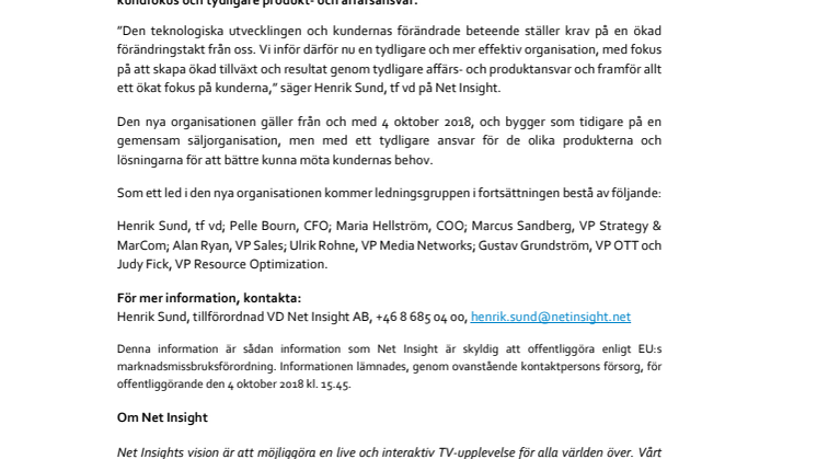 Net Insight omorganiserar för tillväxt och kundfokus