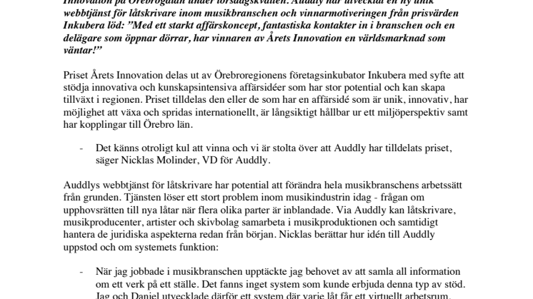 Auddly AB vinnare av Årets Innovation 2014