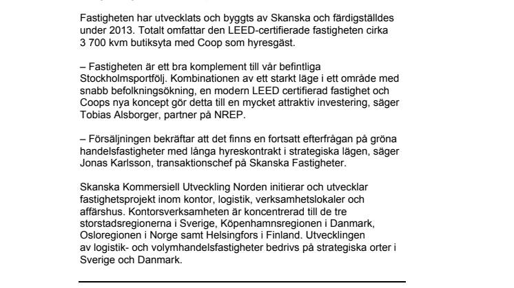 Skanska säljer handelsfastighet i Sundbyberg för 104 miljoner kronor