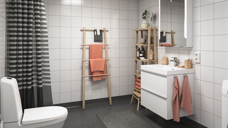 Illustration av interiör, badrum, BoKlok-lägenhet 2 rok, 2020. 