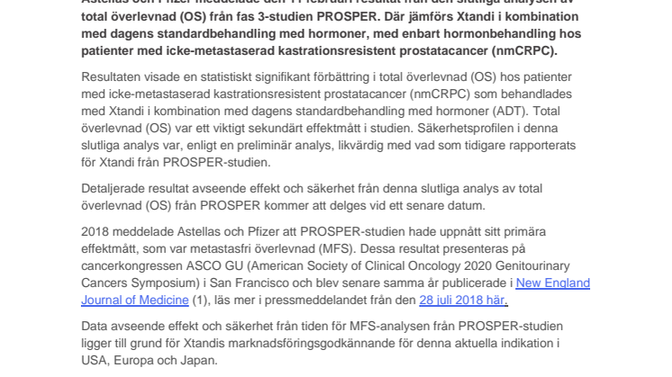Xtandi (enzalutamid) visar signifikant förbättring i total överlevnad hos patienter med icke-metastaserad kastrationsresistent prostatacancer enligt slutliga analysen från PROSPER-studien