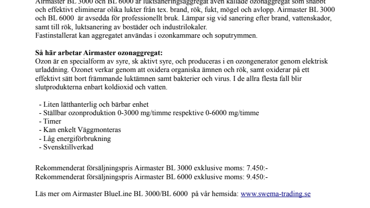 Airmaster BlueLine BL 3000- 6000, effektiva luktsaneringsaggregat.