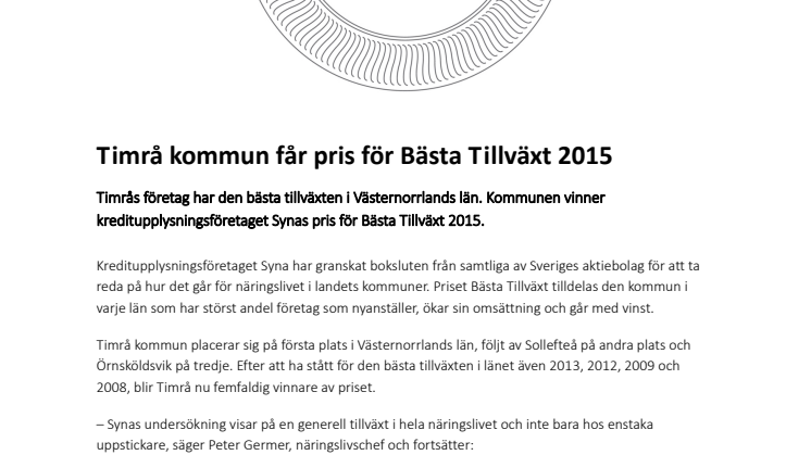 Timrå kommun får pris för Bästa Tillväxt 2015