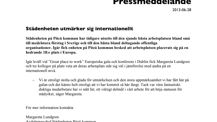 Städenheten på Piteå kommun är en av Europas bästa arbetsplatser