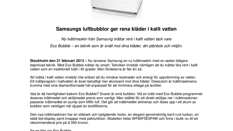 Samsungs luftbubblor ger rena kläder i kallt vatten