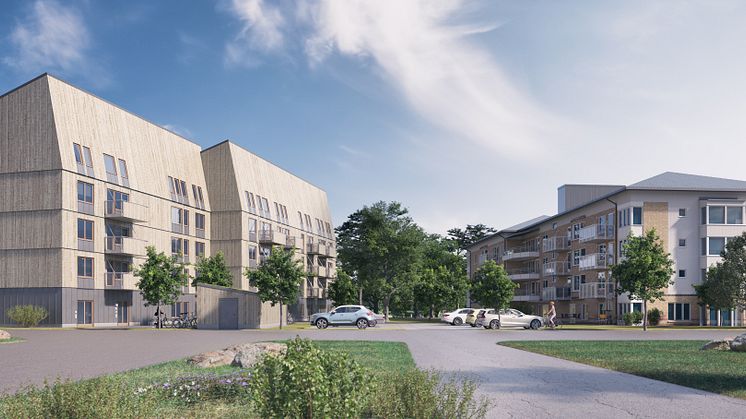 Skandia Fastigheter uppför sin första byggnad i trä – ett flerbostadshus med 47 hyreslägenheter i Uppsala. Bild: LINK Arkitektur.