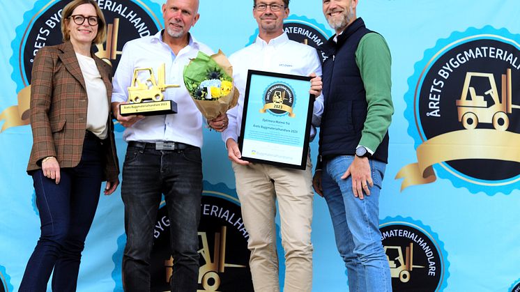 Monica Björk,  Byggmaterialhandlarna, Fredric Horndahl och Henrik Björk Optimera samt Mikael Arvered, ordf i Byggmaterialhandlarnas Attraktivitetsråd. Fotograf Per-Erik Eriksson