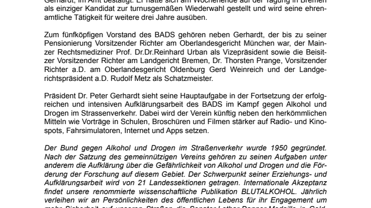 BADS-Präsident Dr. Peter Gerhardt wiedergewählt