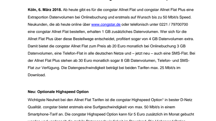 Aufgewertete congstar Allnet Flat Tarife mit 50 Mbit/s Highspeed Option - Mehr Datenvolumen bei Online-Buchung: Allnet Flat Plus mit 8 GB pro Monat