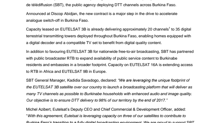 Burkina Faso selects Eutelsat to accelerate nationwide roll-out of digital television