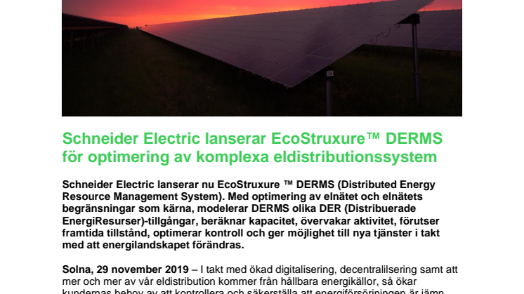 Schneider Electric lanserar EcoStruxure™ DERMS för optimering av komplexa eldistributionssystem
