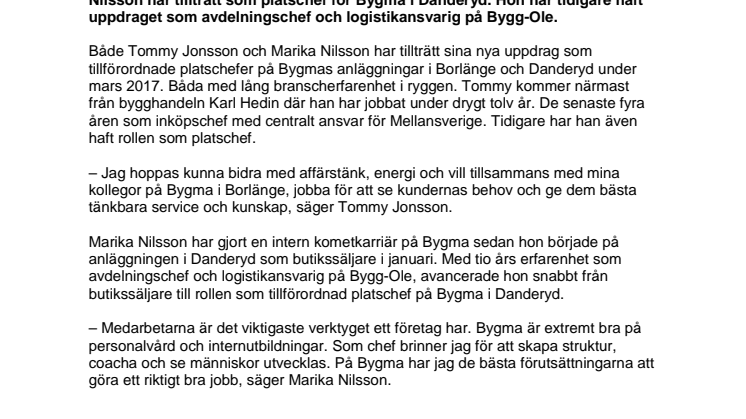 Nya platschefer till Bygma under våren