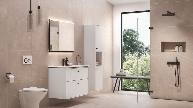 IDO Sense Art -kaappi ja -allaskaluste. IDO Glow 68 -wc-istuin, Geberit Sigma20 -huuhtelupainike, Geberit Option Plus Square -peili