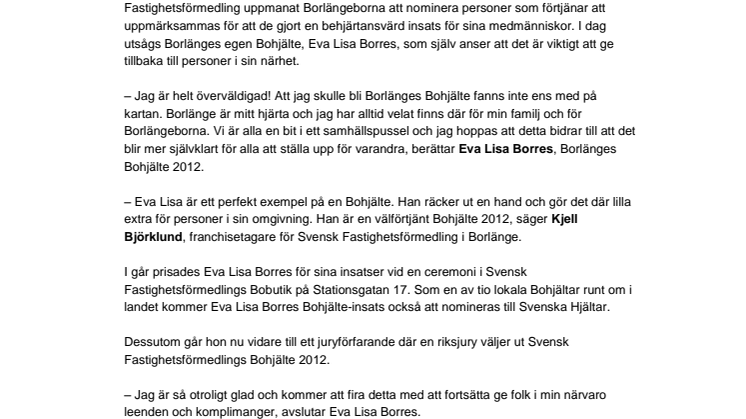 Eva Lisa Borres är Borlänges Bohjälte 2012 