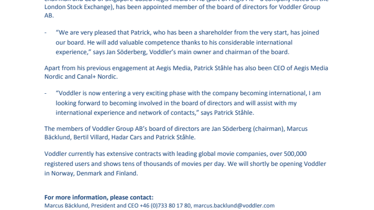 Patrick Ståhle joins Voddler’s board of directors