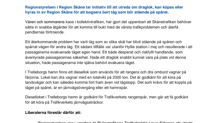 ​L: Draglok kan lösa trafikproppar på skånska spåren