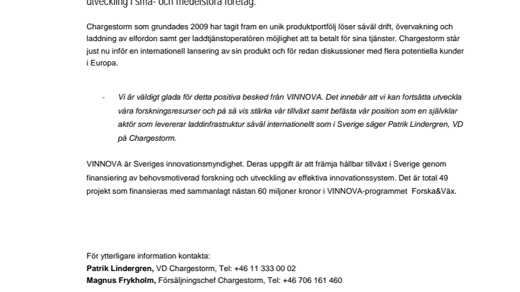 Chargestorm erhåller utvecklingsfinansiering från VINNOVA
