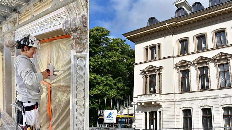På bilden syns Emma Backman, murarlärling på Tegelfogen, som arbetar med fönsterdekoren på fasaden.