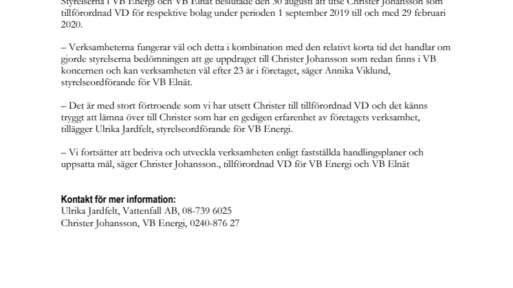 Christer Johansson tillträder som tillförordnad VD för VB Energi och VB Elnät
