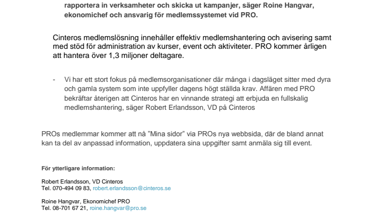 Cinteros levererar nytt medlemssystem till PRO