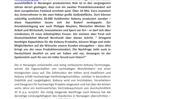 Kebony Holz wird bald auch in Belgien produziert - große Nachfrage macht zweiten Standort notwendig